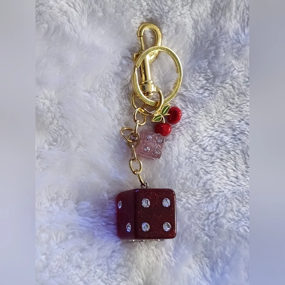 Gold and Red Dice Keychain with Cherry Charm Bag Charm